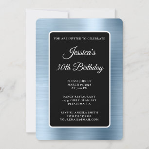 Invitación Cumpleaños 30 azul claro con papel de aluminio neg