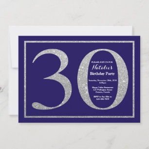 Invitación Cumpleaños 30 Azul Marina y Brillo Plateado