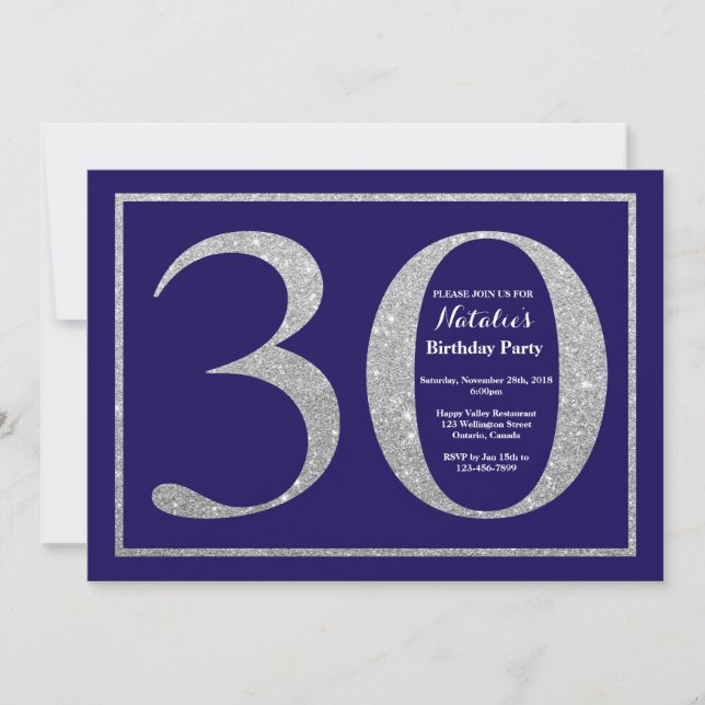 Invitación Cumpleaños 30 Azul Marina y Brillo Plateado (Anverso)