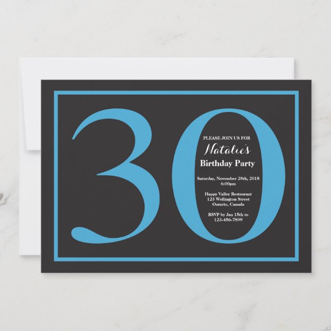 Invitación Cumpleaños 30 Azul y Pizarra Negra (Anverso)