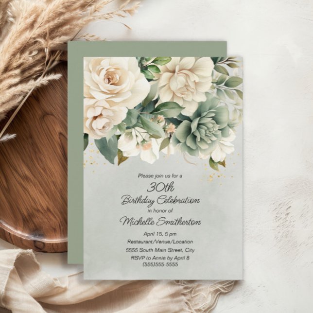 Invitación Cumpleaños 30 Blanco Sábila Floral Dorado (White and sage green floral 30th birthday invitation)