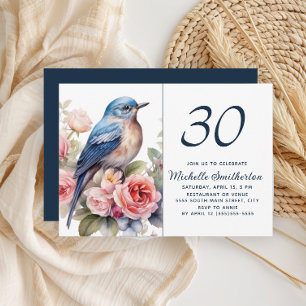 Invitación Cumpleaños 30 Blue Bird Pink Flowers