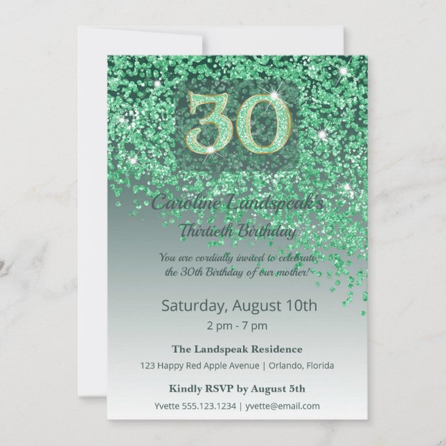 Invitación Cumpleaños 30 Brillante Brillo Esmeralda Verde (Anverso)