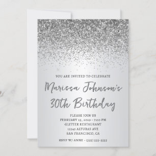 Invitación Cumpleaños 30 Brillante con Glitter de Plata Ombre