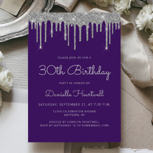Invitación Cumpleaños 30 Brillante Goteo Purpura Plateado Gla
