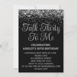 Invitación Cumpleaños 30 Brillante Negro y Plateado Talk Thir
