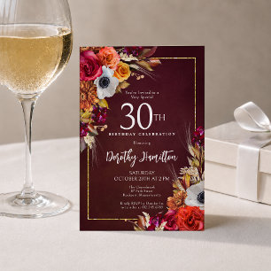 Invitación Cumpleaños 30 Burgundy Flores de Otoño Letra Elega