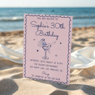 Invitación Cumpleaños 30 Chic Copa de Martini Rosa y Azul