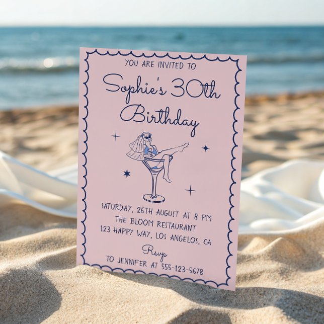 Invitación Cumpleaños 30 Chic Copa de Martini Rosa y Azul (Subido por el creador)