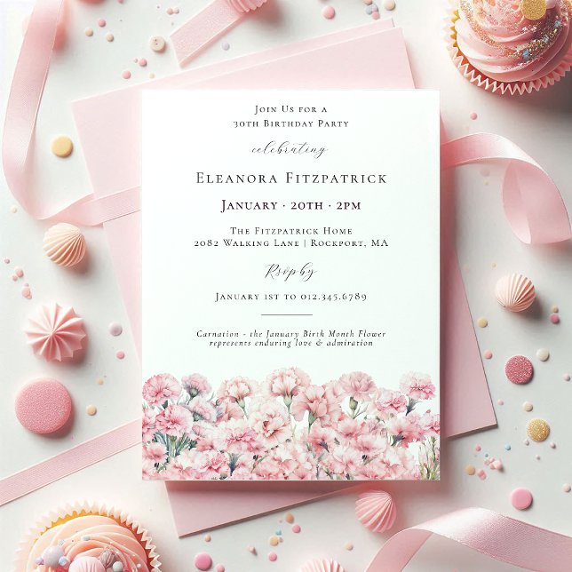 Invitación Cumpleaños 30 claveles rosados Flor de nacimiento  (Subido por el creador)