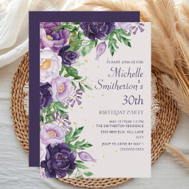 Invitación Cumpleaños 30 con Brillo Floral Púrpura