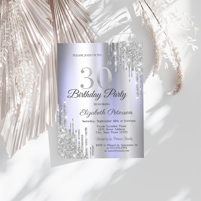 Invitación  Cumpleaños 30 con gotas de brillo plateado en mor (Subido por el creador)