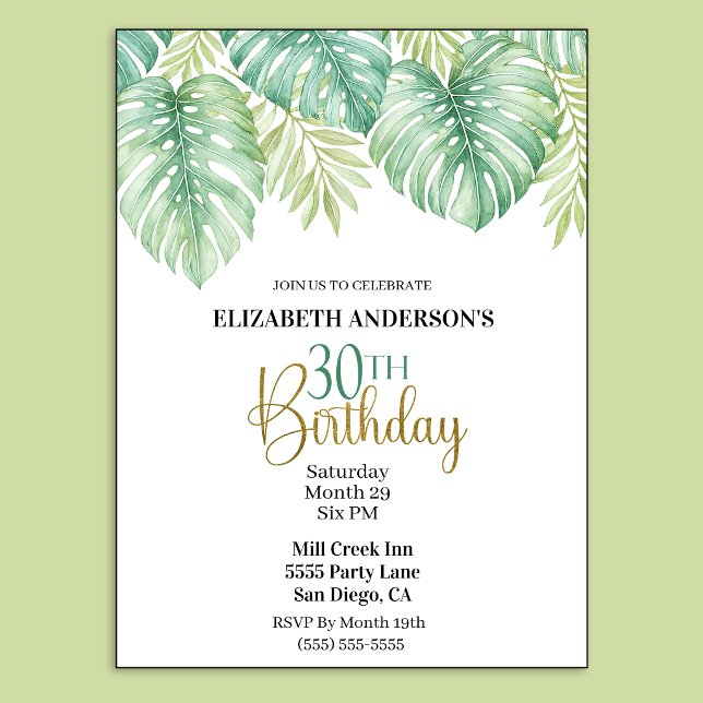 Invitación Cumpleaños 30 con Hojas Tropicales Acuarela (Watercolor Tropical Leaves 30th Birthday Invitation.)