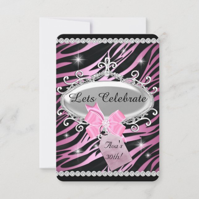 Invitación Cumpleaños 30 con lazo rosa estampado de cebra (Anverso)
