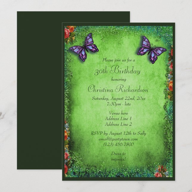Invitación Cumpleaños 30 con purpurina falsa, mariposas y ros (Anverso / Reverso)