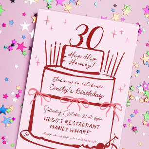Invitación Cumpleaños 30 Coquette Lazos Rosados Torta Vintage