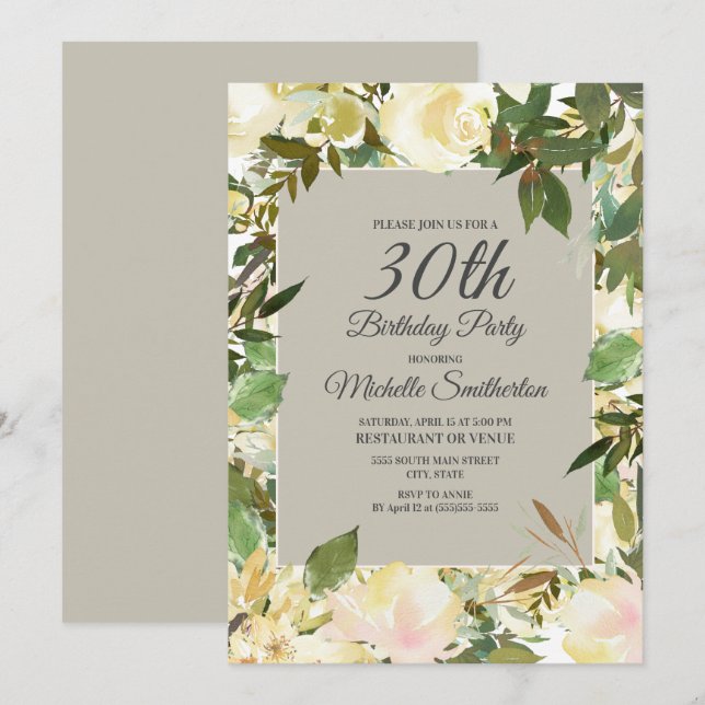 Invitación Cumpleaños 30 Cumpleaños Floral Salvia Verde Blanc (Anverso / Reverso)