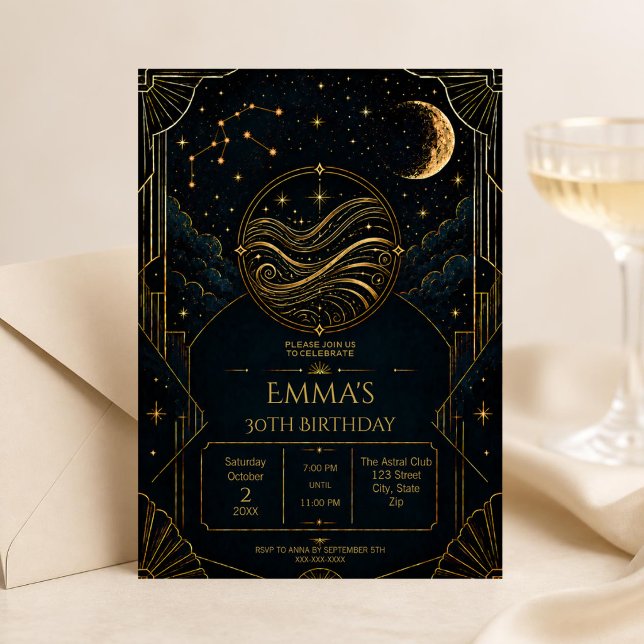 Invitación Cumpleaños 30 de Acuario Art Déco Oscuro (Dark Art Deco Aquarius zodiac 30th birthday invitation featuring celestial details, vintage-inspired)