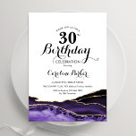Invitación Cumpleaños 30 de Ágata Blanca Púrpura y Oro<br><div class="desc">Invitación de cumpleaños 30 de ágata blanca y dorada púrpura. Diseño moderno elegante con fondo de geoda de mármol de ágata de acuarela, fuente de escritura tipográfica y falso brillo dorado. Tarjeta de invitación de moda perfecta para una celebración de cumpleaños de mujeres con estilo. Invitaciones de Zazzle impresas o...</div>