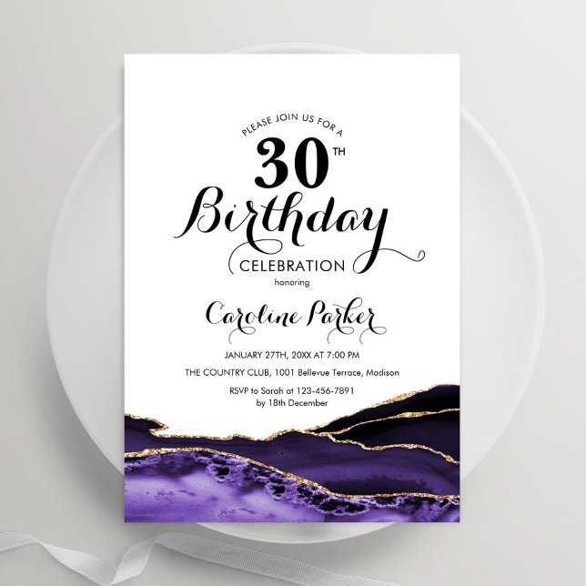 Invitación Cumpleaños 30 de Ágata Blanca Púrpura y Oro (Subido por el creador)