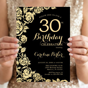 Invitación Cumpleaños 30 de fiesta de Rosas Negras Doradas El