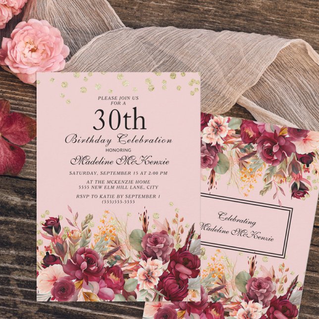 Invitación Cumpleaños 30 de Floral Burgundy Rosa Brillo Dorad (Subido por el creador)