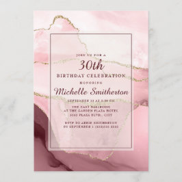 Invitación Cumpleaños 30 de mármol/ágata rosa, borgoña y dora