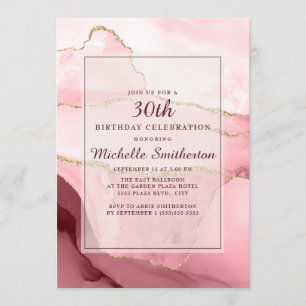 Invitación Cumpleaños 30 de mármol/ágata rosa, borgoña y dora
