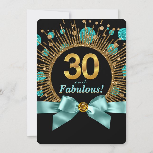 Invitación Cumpleaños 30 de Mujer Azul Teal y Brillo Dorado (Anverso)