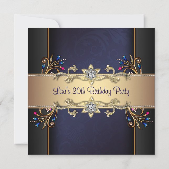 Invitación Cumpleaños 30 de mujer en azul marino con flores d (Anverso)