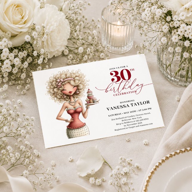 Invitación Cumpleaños 30 de mujer extravagante de Borgoña Fie (Burgundy Quirky Woman 30th Birthday Deep Red Party Card

)