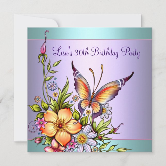Invitación Cumpleaños 30 de mujer mariposa morada verde (Anverso)