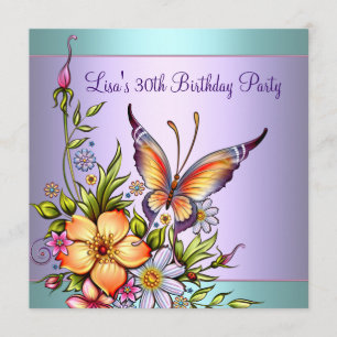 Invitación Cumpleaños 30 de mujer mariposa púrpura verde