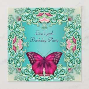 Invitación Cumpleaños 30 de mujer mariposa rosa azul turquesa