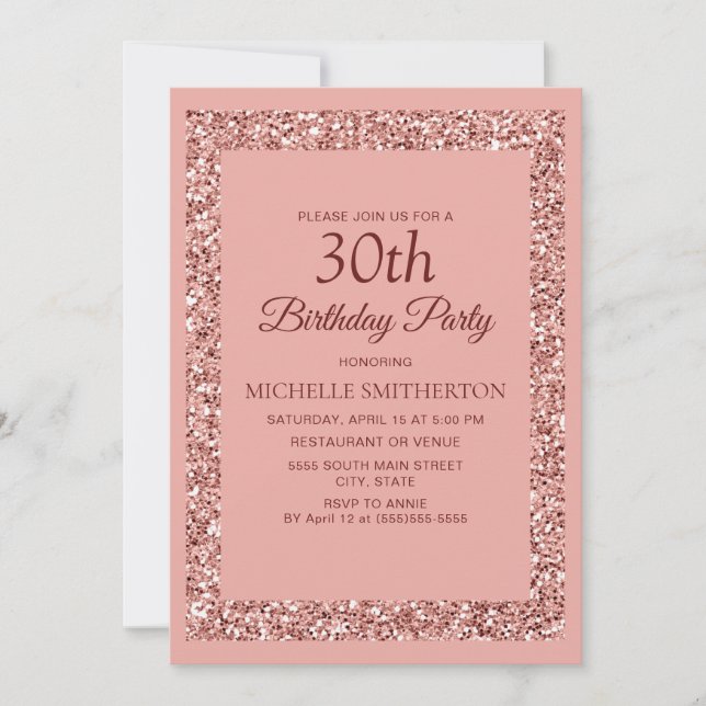 Invitación Cumpleaños 30 de mujeres con brillo rosa elegante (Anverso)