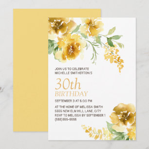 Invitación Cumpleaños 30 de Mujeres de Acuarela Amarilla Flor
