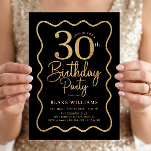 Invitación Cumpleaños 30 de oro negro con borde ondulado