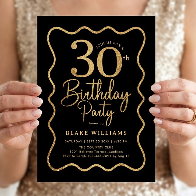 Invitación Cumpleaños 30 de oro negro con borde ondulado (Subido por el creador)