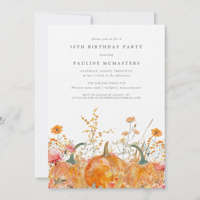 Invitación Cumpleaños 30 de Otoño de Flor Silvestre de Calaba (Anverso)