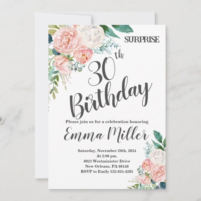 Invitación Cumpleaños 30 de Peonías Verde Menta y Rosa (Anverso)