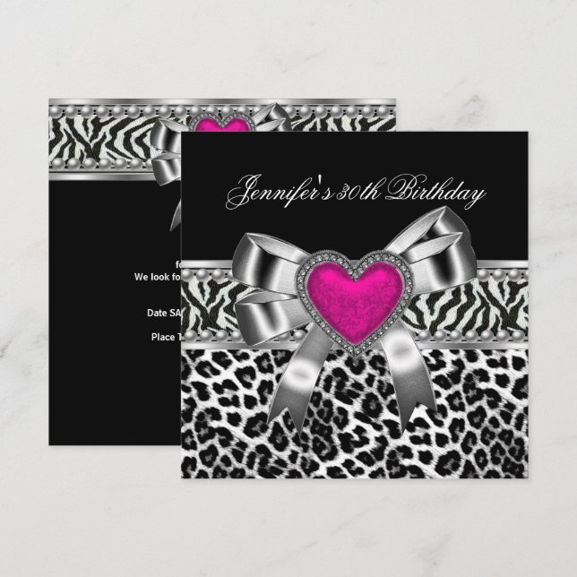 Invitación Cumpleaños 30 de Pink Zebra Leopardo Negro (Anverso / Reverso)