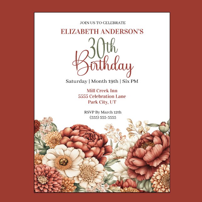 Invitación Cumpleaños 30 de Pretty Fall Peony (Pretty Fall Peony 30th Birthday Invitation For Women.)