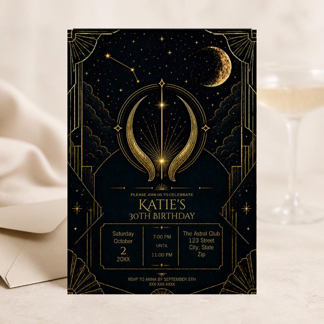 Invitación Cumpleaños 30 de Tauro Art Déco Oscuro (Dark Art Deco Taurus zodiac 30th birthday invitation featuring celestial details, vintage-inspired)
