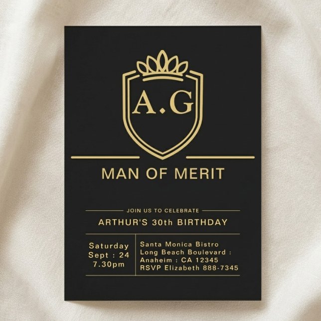 Invitación Cumpleaños 30 del Esposo Fiesta Negro y Oro (30th birthday invite on cloth background.)