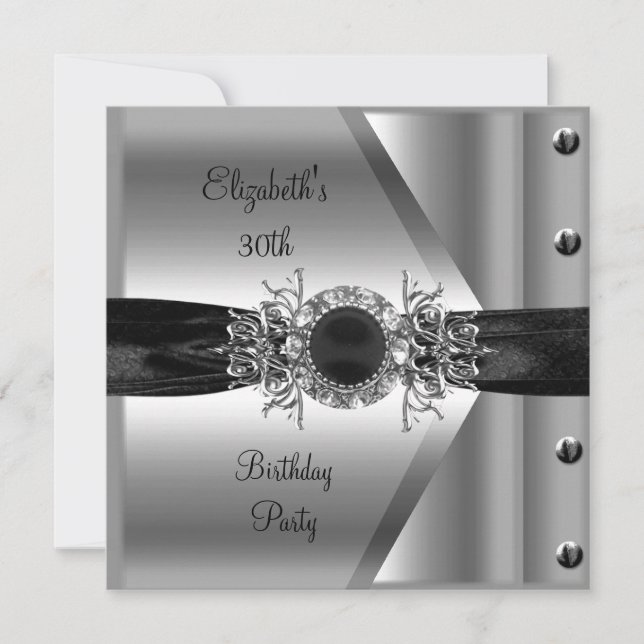 Invitación Cumpleaños 30 Diamante Joya Negro Blanco Plata (Anverso)