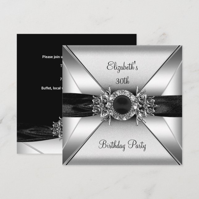 Invitación Cumpleaños 30 Diamante Joyas Negro Blanco Plata (Anverso / Reverso)