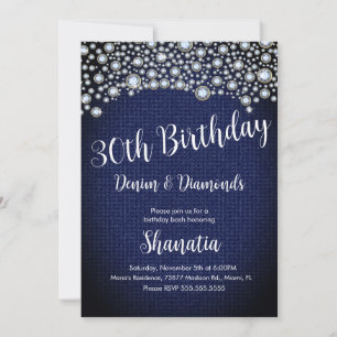 Invitación Cumpleaños 30 Diamantes de Denim Gemas Diamantes 