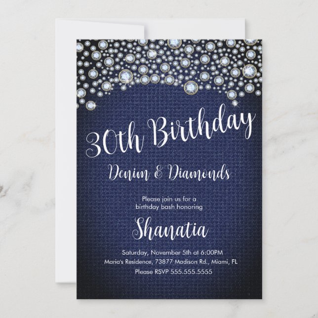 Invitación Cumpleaños 30 Diamantes de Denim Gemas Diamantes  (Anverso)