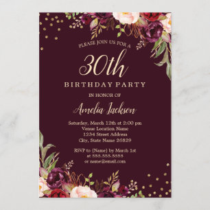 Invitación Cumpleaños 30 dorado Borgoña floral Brillo
