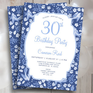 Invitación Cumpleaños 30 Elegante Azul Floral Femenino Pájaro